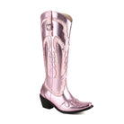 Pink metallic cowboy boot with intricate stitching, mid-calf height, and a chunky heel. Stylish western footwear for women, perfect for fashion-forward looks.