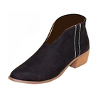 Black suede ankle boot with wooden block heel, featuring white stitching detail. Stylish women's footwear, perfect for casual and formal outfits.