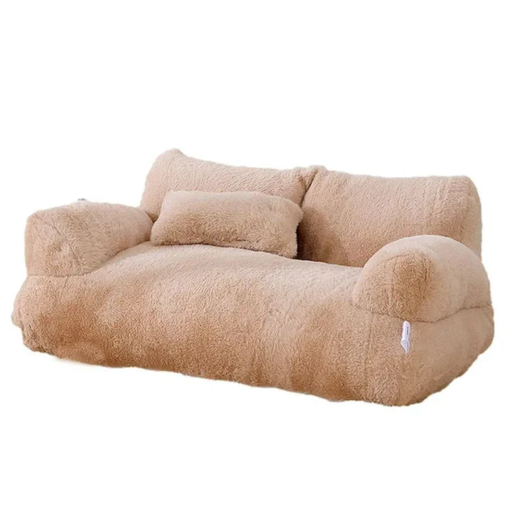 Plush beige faux fur sofa with cushioned armrests and backrest, perfect for cozy living room decor. Luxurious, comfortable seating furniture.