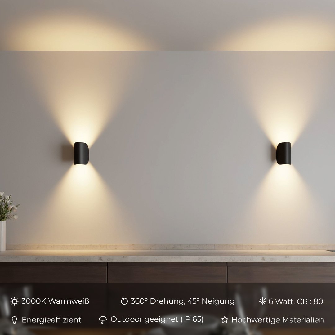 Modern black wall sconces with warm white LED lighting, energy-efficient, 6W, IP65 rated for outdoor use, 360° rotation, 45° tilt, high-quality materials.