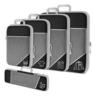 Set of black compression packing cubes with zippers, featuring icons for clothing organization. Ideal for travel, maximizing luggage space efficiently.