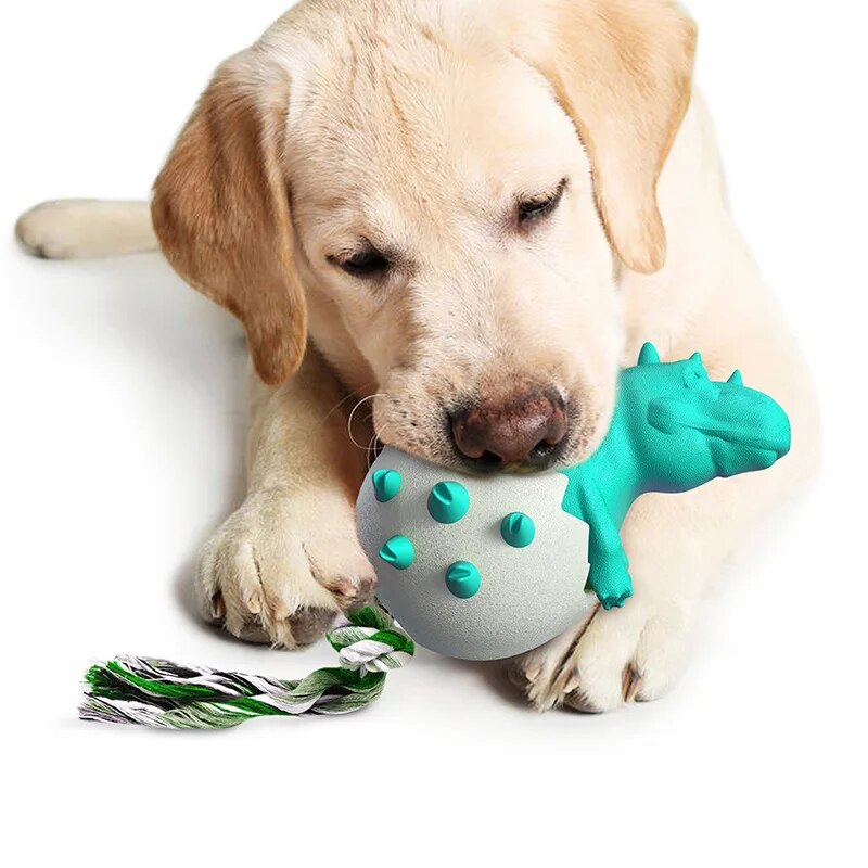 Labrador puppy playing with a blue dinosaur chew toy featuring a rope tail. Perfect for pet owners seeking durable dog toys for teething puppies.