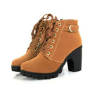 Women's tan leather platform ankle boots with chunky high heels, lace-up design, and buckle detail. Stylish, comfortable footwear for fashion-forward looks.