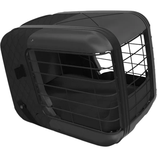 Black pet transport box by Brueggli 4pets, Caree Black Series, featuring durable construction, secure metal bars, and quilted design for safe travel.