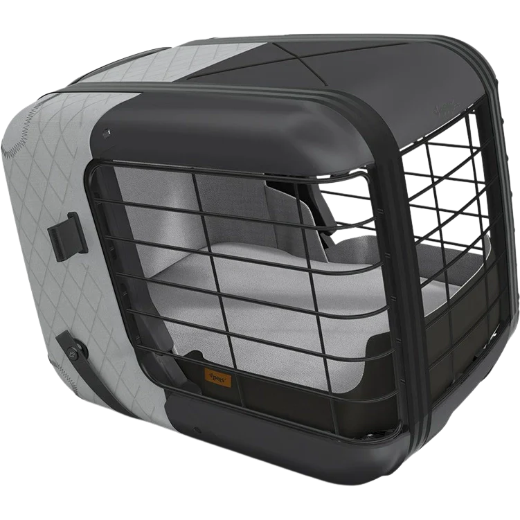 Pet transport box in cool grey, featuring a durable metal frame and cushioned interior. Ideal for safe pet travel. 4pets Caree model.