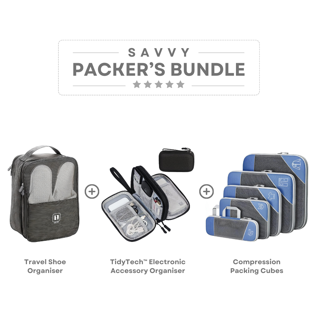 Savvy Packer's Bundle featuring travel shoe organizer, TidyTech electronic accessory organizer, and compression packing cubes for efficient packing.