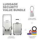 Luggage security value bundle with transparent suitcase sleeve, 3-digit combination lock, and colorful luggage wheel protectors for travel safety.