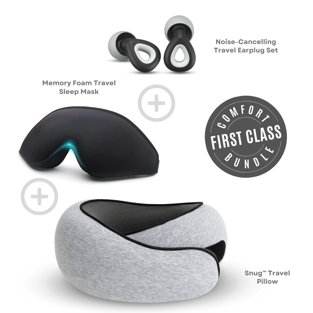 Comfort First Class Bundle: Memory Foam Travel Sleep Mask, Noise-Cancelling Earplugs, Snug Travel Pillow. Perfect for restful travel and relaxation.