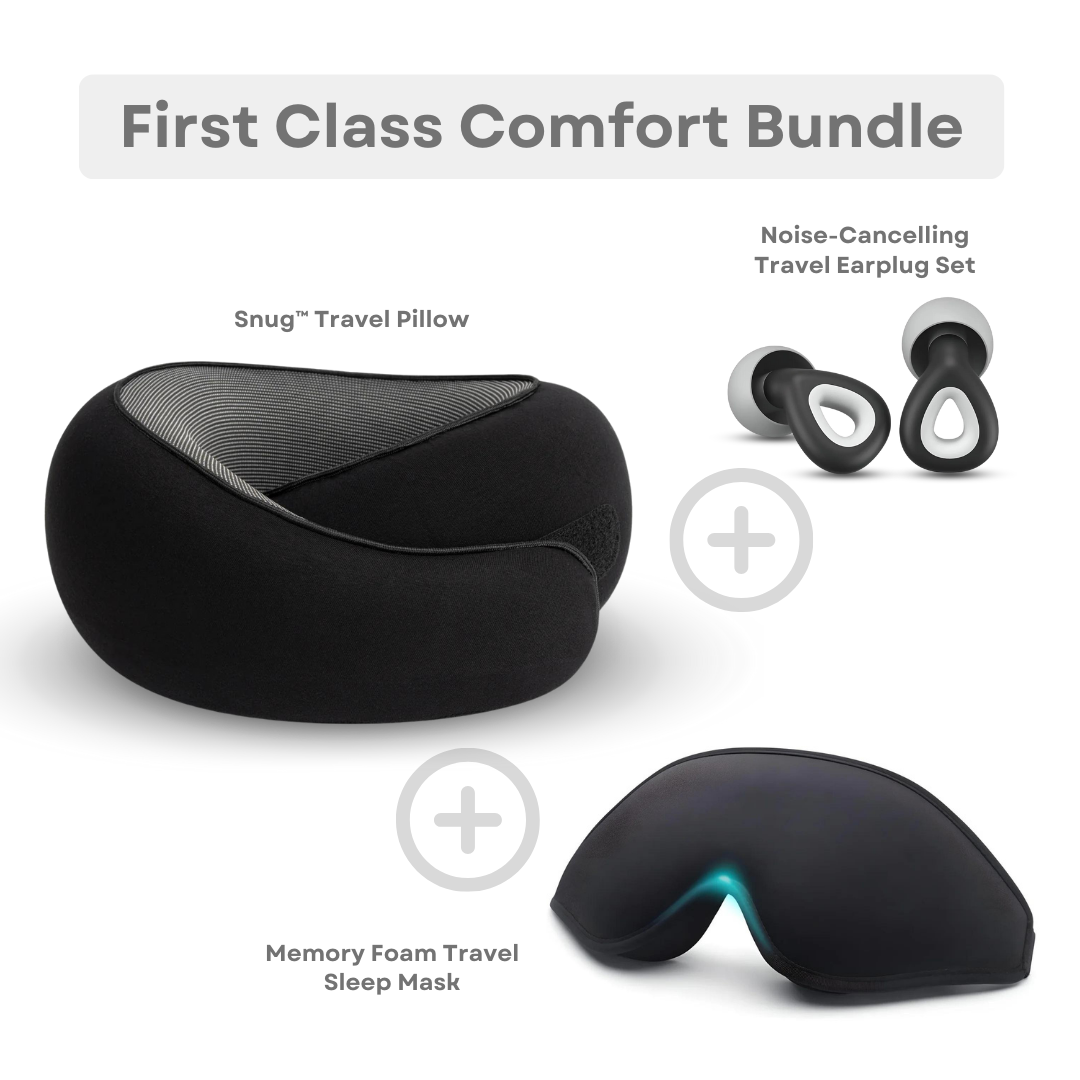 First Class Comfort Bundle: Black Snug™ Travel Pillow, Noise-Cancelling Earplug Set, Memory Foam Sleep Mask for ultimate travel relaxation.