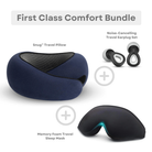 First Class Comfort Bundle with Snug™ Travel Pillow, Noise-Cancelling Earplugs, and Memory Foam Sleep Mask in blue, ideal for travel comfort.