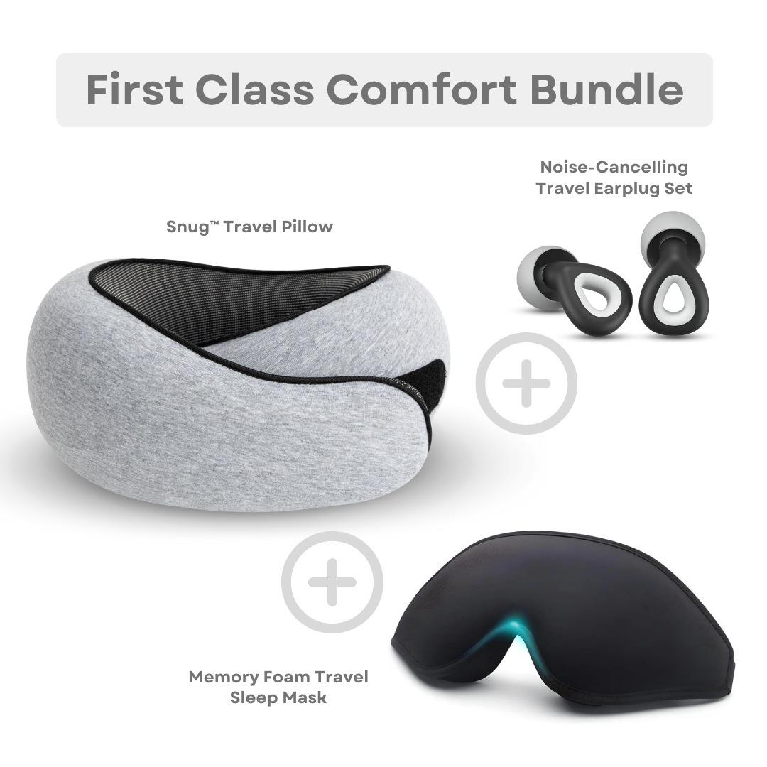 Travel comfort bundle with Snug™ travel pillow, noise-cancelling earplugs, and memory foam sleep mask. Perfect for first-class relaxation and sleep.