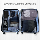 Open suitcase with organized packing cubes, clothing, and accessories. Efficient travel packing solution. Save time packing and unpacking.