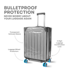 Transparent suitcase sleeve with bulletproof protection, featuring a 3-digit luggage combination lock and wheel protectors. Secure travel accessory.