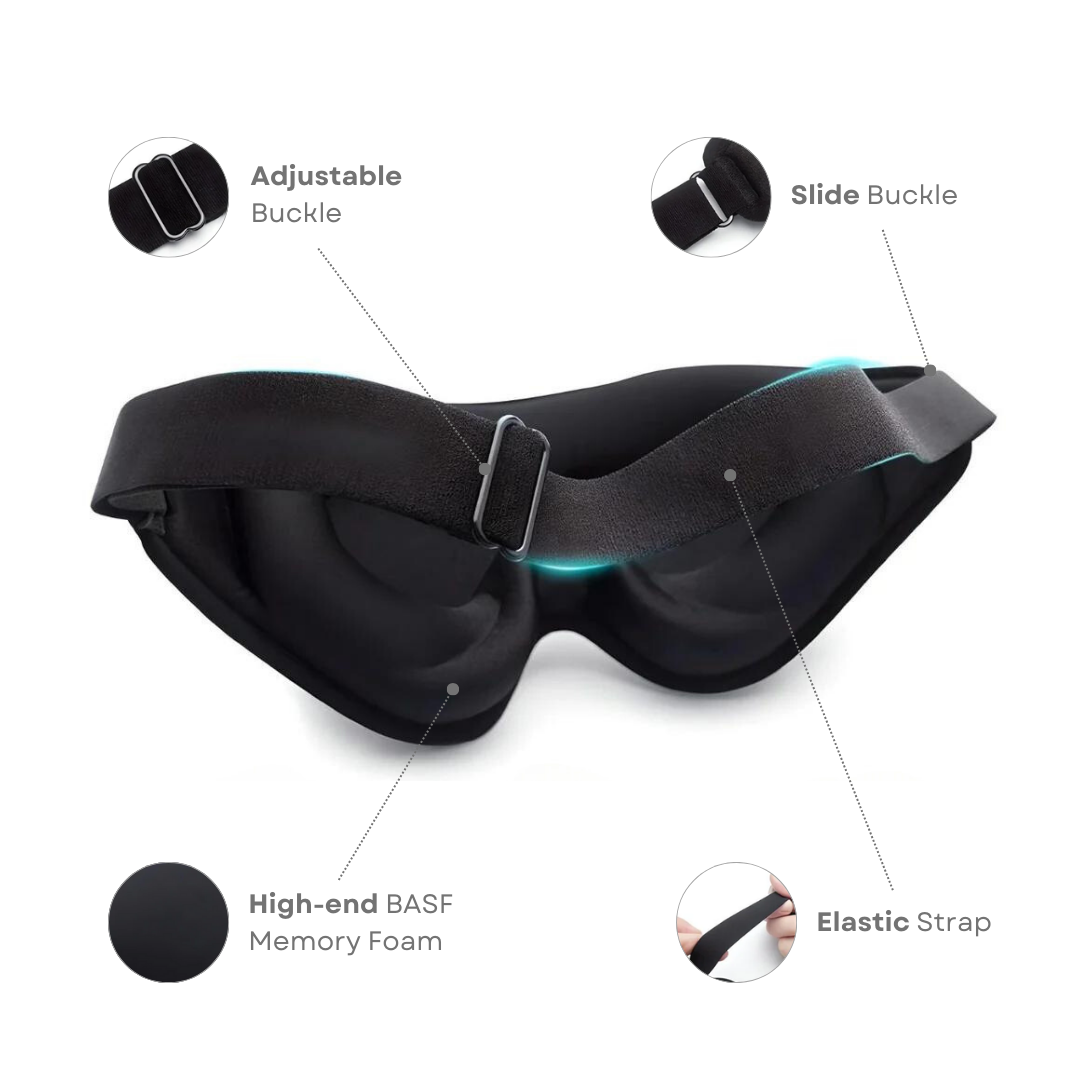 Black sleep mask with adjustable buckle, slide buckle, elastic strap, and high-end BASF memory foam. Ideal for comfortable, restful sleep.