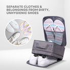 Travel shoe bag organizer with multiple compartments, featuring sneakers and flip-flops. Ideal for separating shoes from clothes. Durable and hygienic.