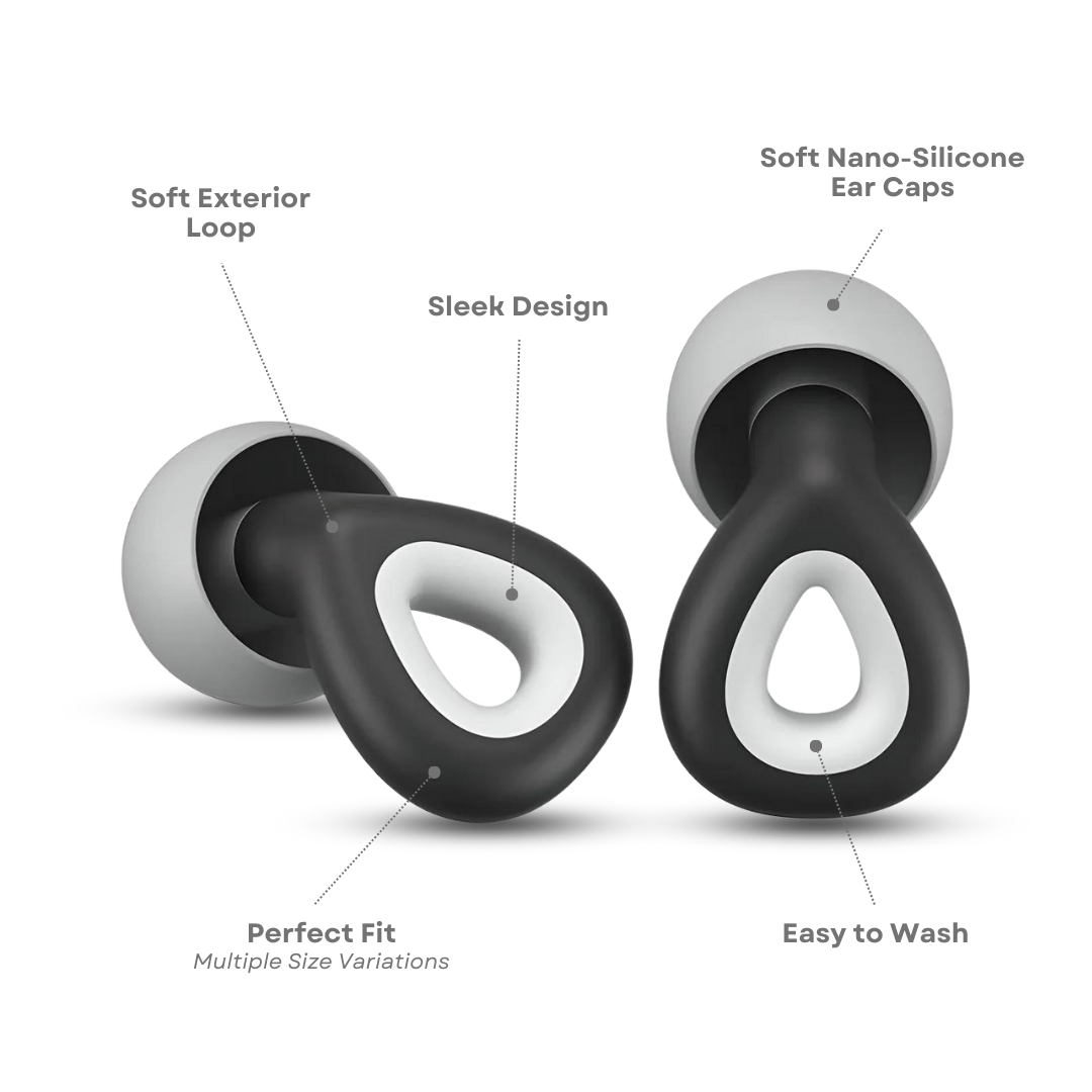 Black and white ergonomic earplugs with soft nano-silicone ear caps, sleek design, and soft exterior loop. Perfect fit, easy to wash, multiple size options.