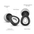 Black and white ergonomic earplugs with soft nano-silicone ear caps, sleek design, and soft exterior loop. Perfect fit, easy to wash, multiple size options.