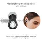 Noise-canceling earplugs with ergonomic design, NRR 25dB, ideal for blocking loud conversations and crying babies during flights.