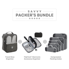 Savvy Packer's Bundle featuring travel shoe organizer, TidyTech electronic accessory organizer, and compression packing cubes for efficient packing.