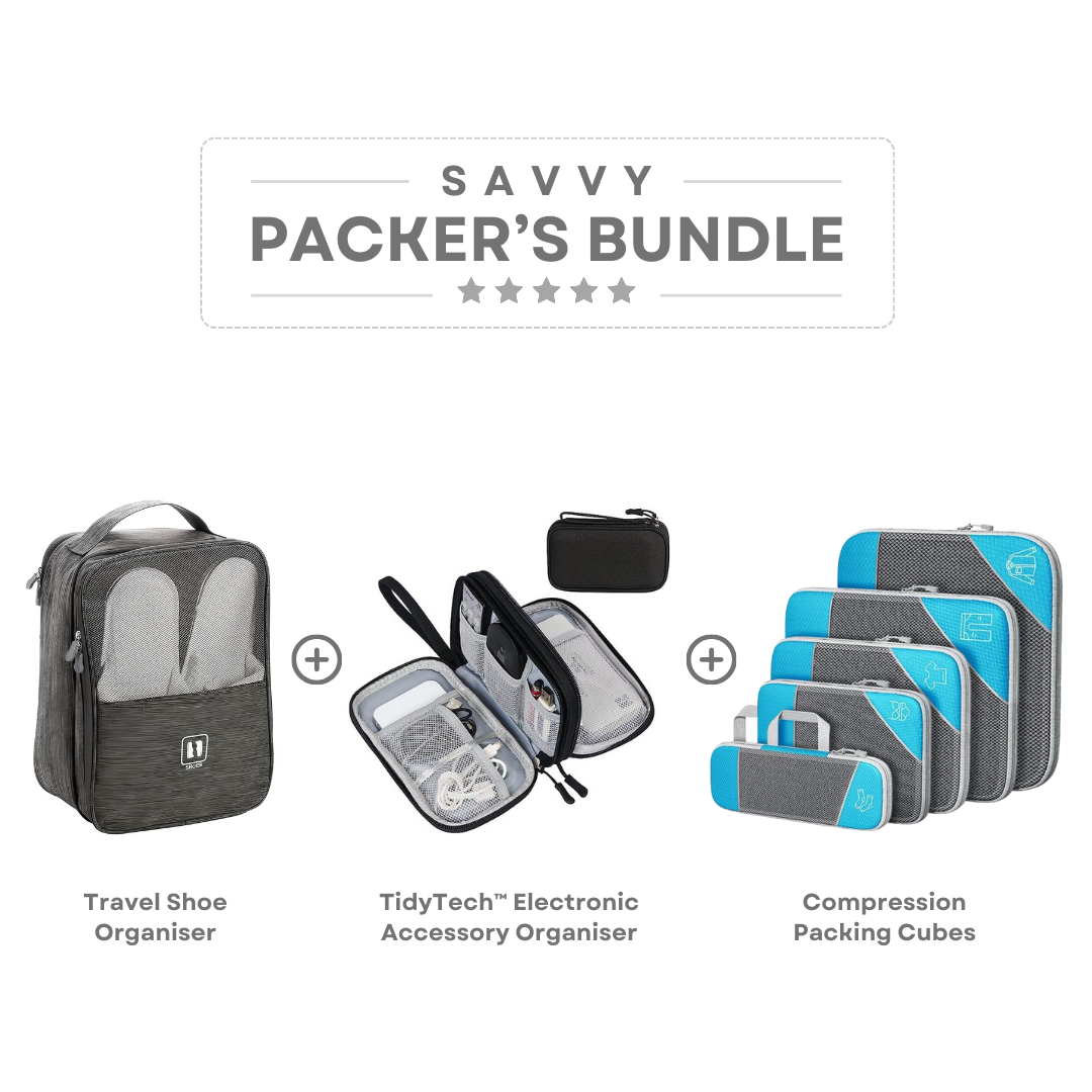 Savvy Packer's Bundle: Travel Shoe Organizer, TidyTech Electronic Accessory Organizer, Compression Packing Cubes. Ideal for efficient travel packing.