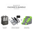 Savvy Packer's Bundle featuring travel shoe organizer, TidyTech electronic accessory organizer, and green compression packing cubes for efficient packing.