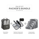 Savvy Packer's Bundle: Grey travel shoe organizer, TidyTech electronic accessory organizer, and compression packing cubes for efficient packing.