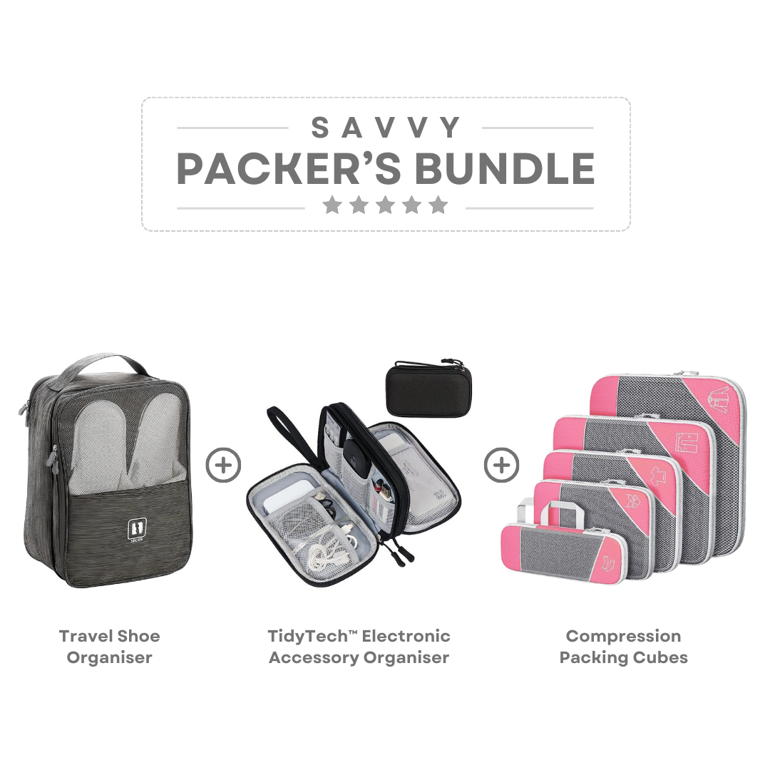 Savvy Packer's Bundle: Travel Shoe Organizer, TidyTech Electronic Accessory Organizer, Compression Packing Cubes in pink and gray for efficient packing.