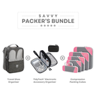 Savvy Packer's Bundle: Travel Shoe Organizer, TidyTech Electronic Accessory Organizer, Compression Packing Cubes in pink and gray for efficient packing.