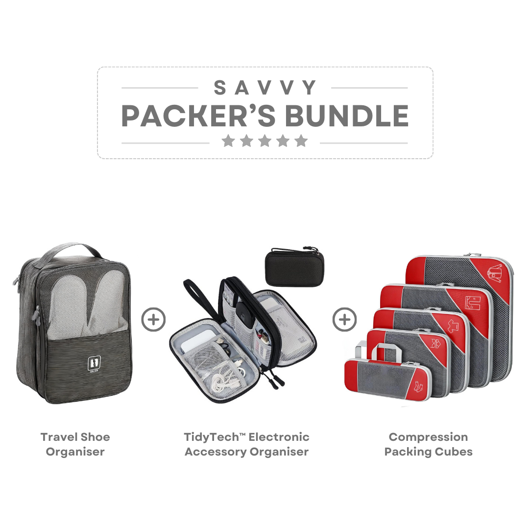 Savvy Packer's Bundle featuring a travel shoe organizer, TidyTech electronic accessory organizer, and compression packing cubes in red and gray.