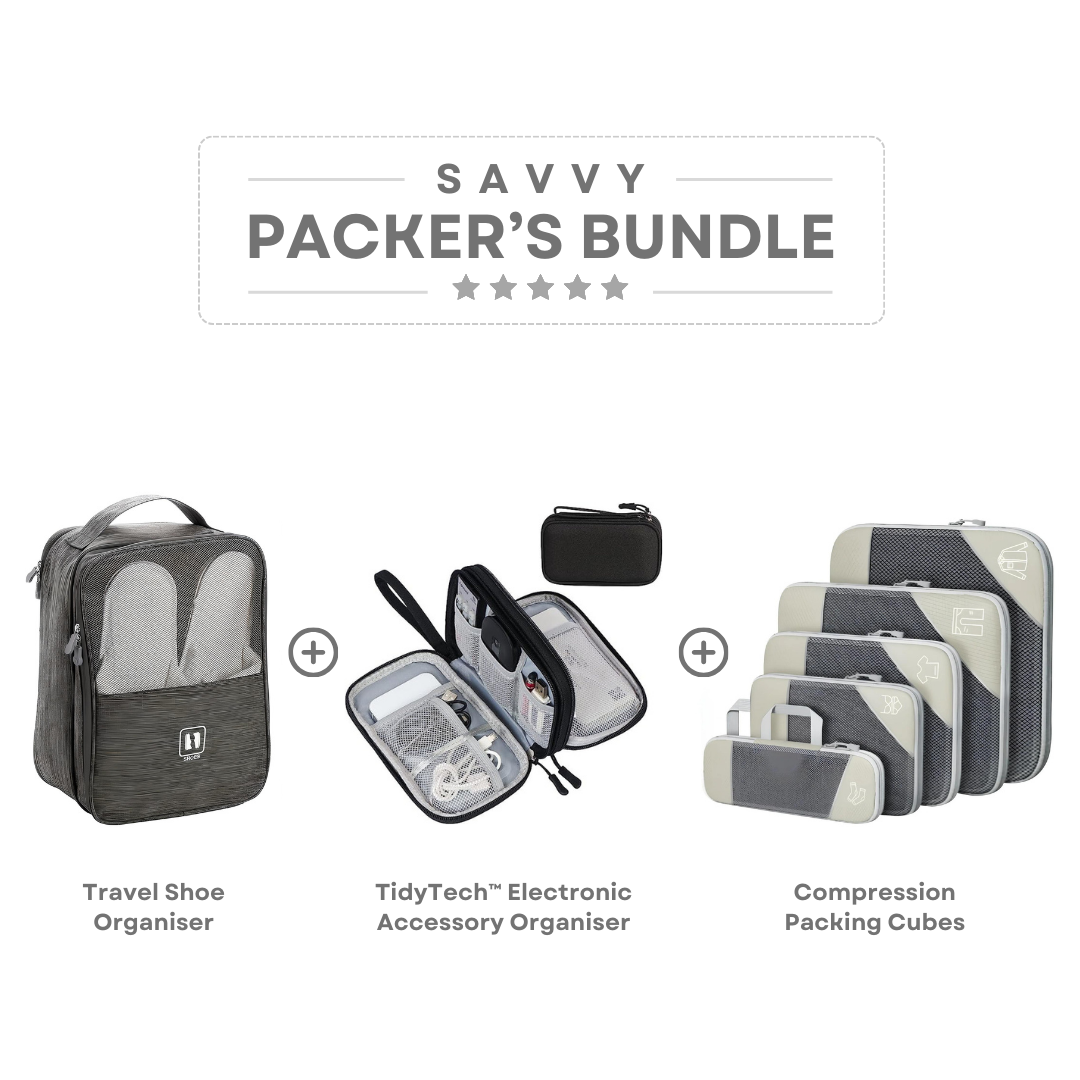 Savvy Packer's Bundle: Travel Shoe Organizer, TidyTech Electronic Accessory Organizer, Compression Packing Cubes. Ideal for efficient travel packing.