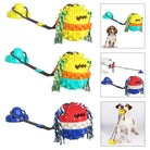 Colorful dog chew toy with suction cup, interactive design, durable rubber spikes, and rope for aggressive chewers. Ideal for pet dental health.