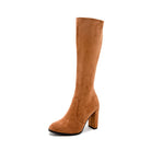 Brown suede knee-high boot with block heel, stylish women's footwear, perfect for fall fashion, elegant design, comfortable fit.