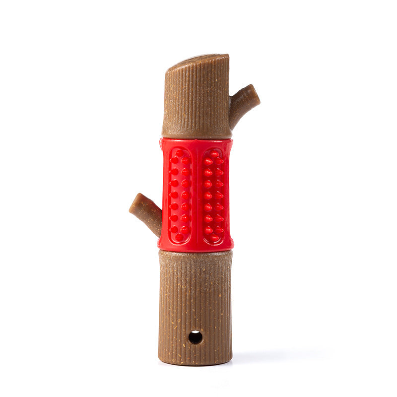 Dog chew toy shaped like a tree branch with a red textured center, designed for dental health and interactive play. Durable pet accessory for chewing.