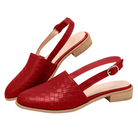 Red woven leather slingback flats with low wooden heels, featuring a stylish buckle strap. Perfect for casual and formal wear. Women's footwear.