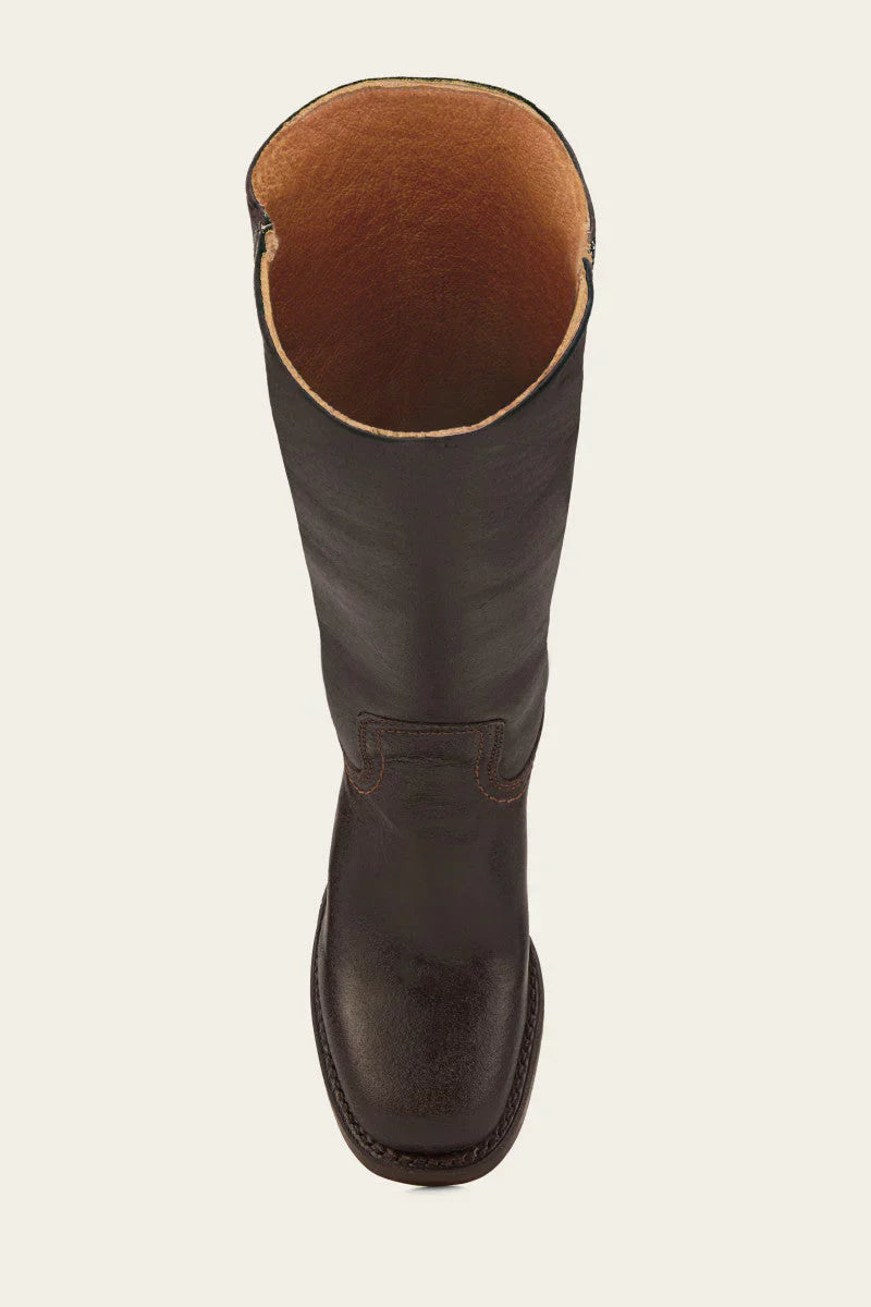 Top view of a brown leather knee-high boot with detailed stitching, showcasing durable craftsmanship. Perfect for fashion and outdoor enthusiasts.