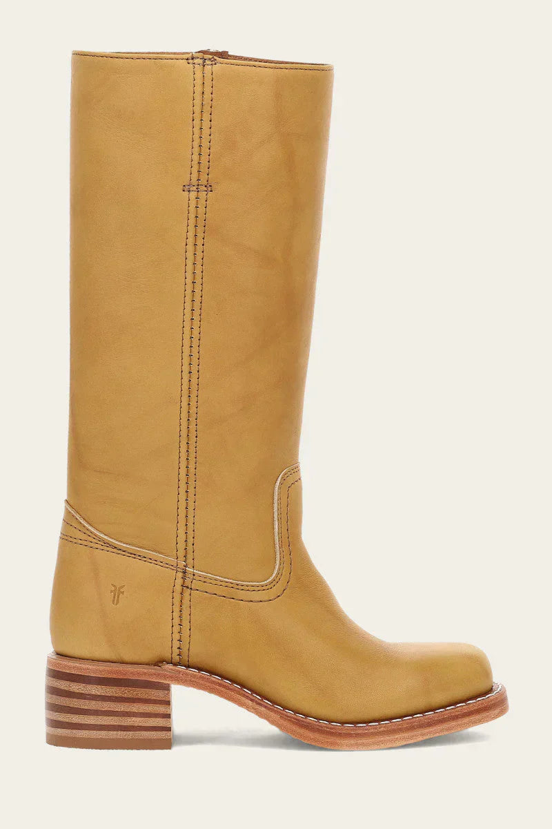 Tan leather knee-high boot with stacked wooden heel, side stitching, and round toe. Stylish women's footwear, perfect for casual or formal wear.