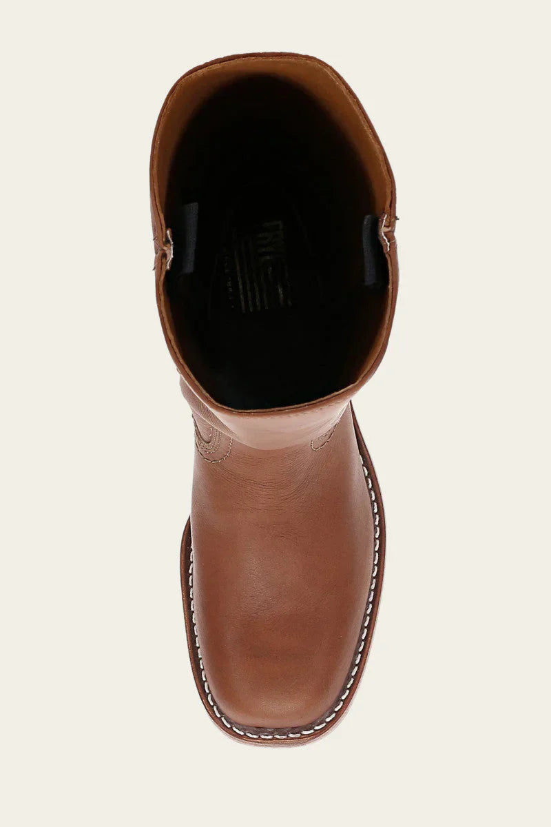 Top view of a brown leather cowboy boot with white stitching, showcasing classic Western style. Perfect for fashion, footwear, and cowboy boot enthusiasts.