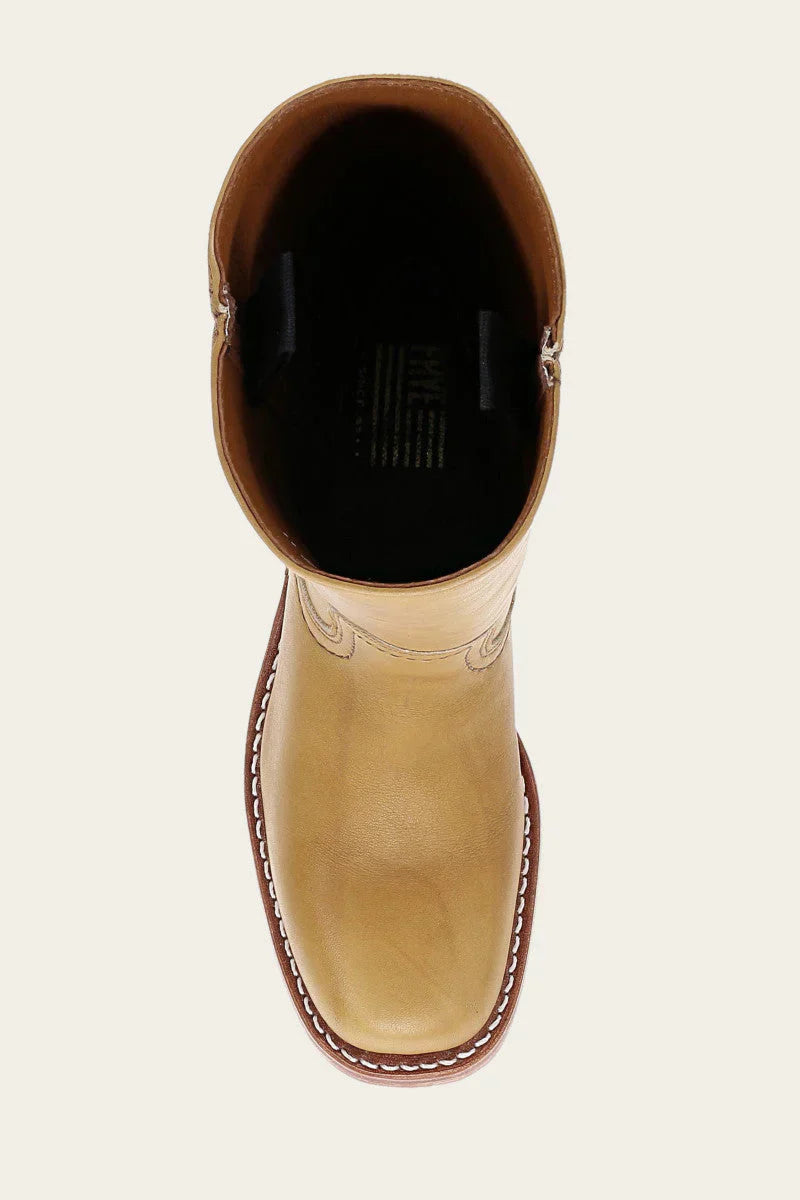 Top view of a tan leather cowboy boot with white stitching, featuring a square toe design. Perfect for Western fashion enthusiasts and boot collectors.