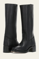 Black leather knee-high boots with block heels, featuring a sleek design and durable stitching. Perfect for fashion-forward, comfortable footwear.