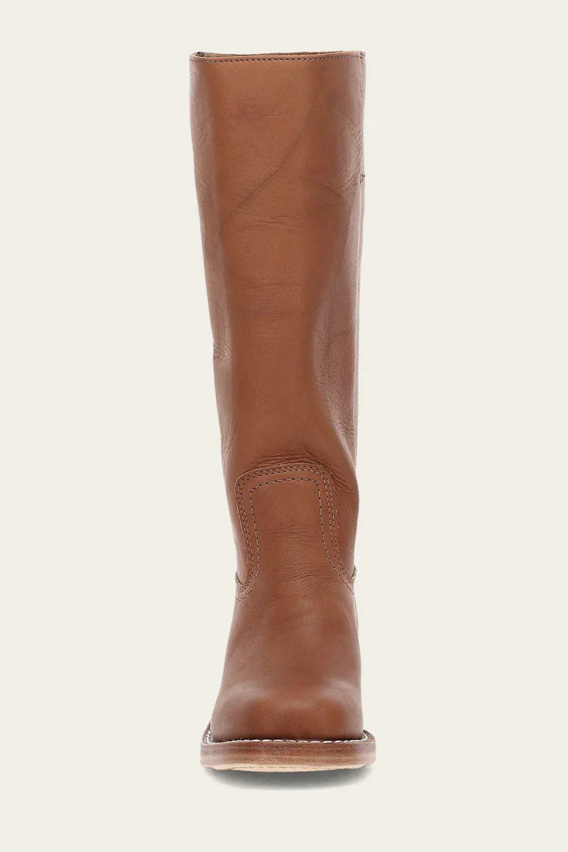 Brown leather knee-high boot, front view, featuring durable stitching and a classic design. Perfect for fashion and outdoor wear.