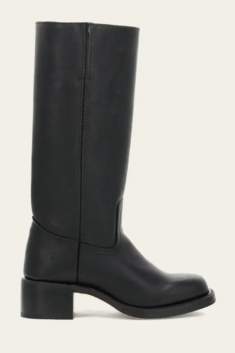 Black leather knee-high boot with block heel, side stitching, and round toe. Stylish women's footwear, perfect for fall fashion and casual wear.