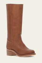 Brown leather mid-calf boot with stacked heel, featuring a classic western design. Perfect for casual wear, durable and stylish footwear option.