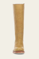 Tan leather knee-high boot with stitched detailing, front view. Durable sole, classic design. Perfect for fashion, footwear, and style enthusiasts.