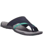 Black and teal women's sandal with crisscross straps, cushioned footbed, and durable sole. Ideal for casual wear and summer fashion.