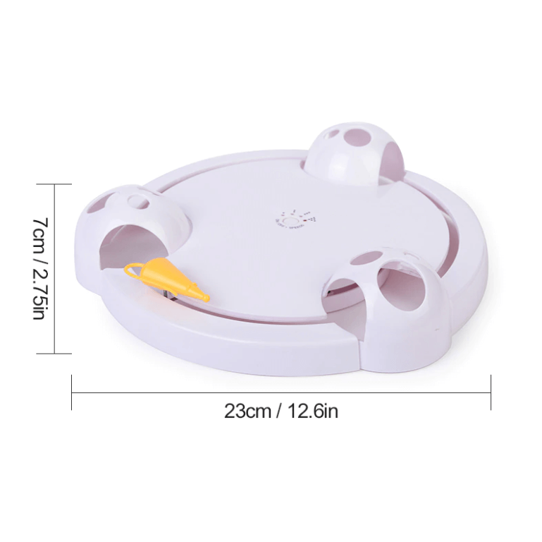 Interactive cat toy with rotating mouse, white circular design, dimensions 23cm x 7cm, ideal for pet entertainment and exercise.