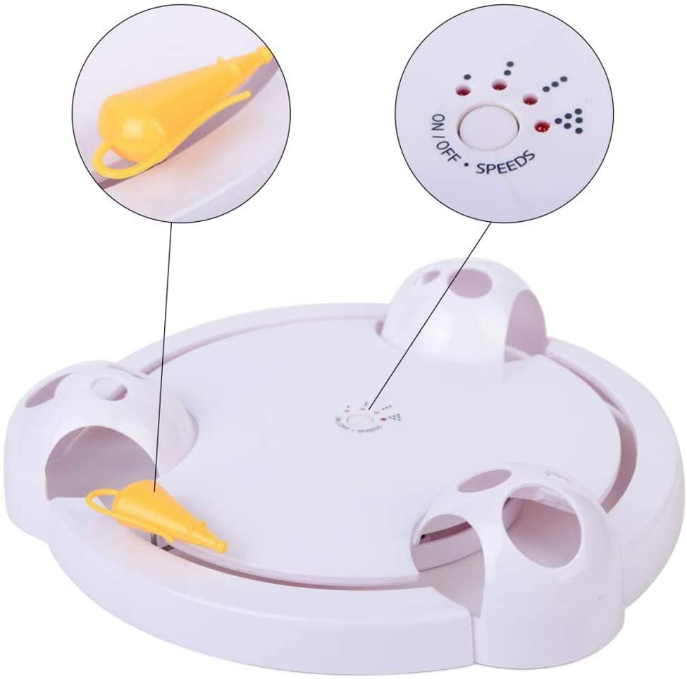 Interactive electronic cat toy with rotating feather, adjustable speed settings, and durable white plastic design for playful pet entertainment.