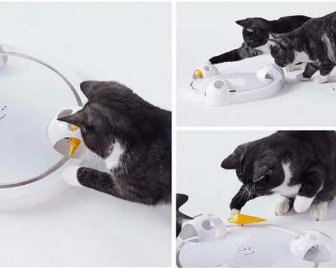 Cats playing with interactive electronic cat toy, featuring rotating mouse and durable design. Ideal for pet entertainment and mental stimulation.