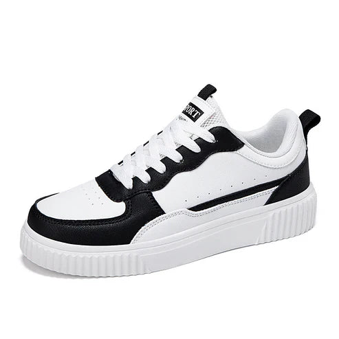 White and black casual sneaker with lace-up design, featuring a thick sole and sporty style. Ideal for fashion-forward, comfortable footwear.