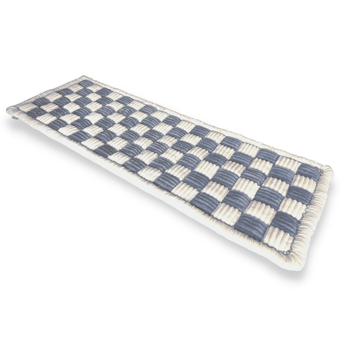 Checkered woven table runner in blue and white, featuring a textured design. Perfect for dining decor, adding elegance and style to any table setting.