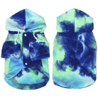 Blue and green tie-dye dog hoodie with hood and snap buttons, soft fleece material, pet clothing, stylish pet apparel, cozy dog sweater.